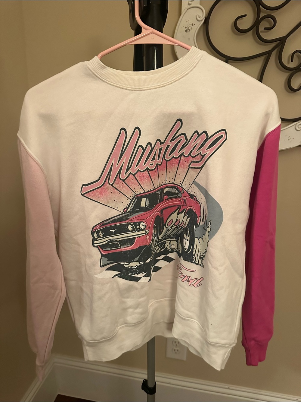 Ford White Sweatshirt with Pink Mustang Graphic and Two-Tone Pink Sleeves